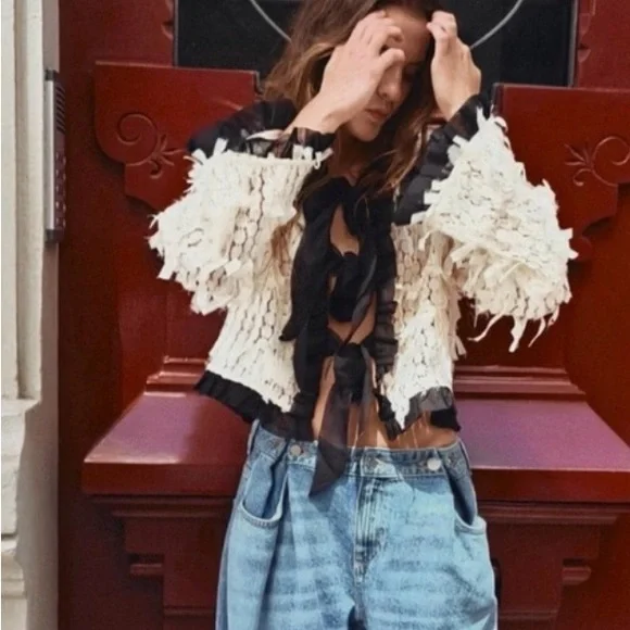 NWT Zara Ivory Ruffle-Trim Sheer Blouse - Picture 4 of 11